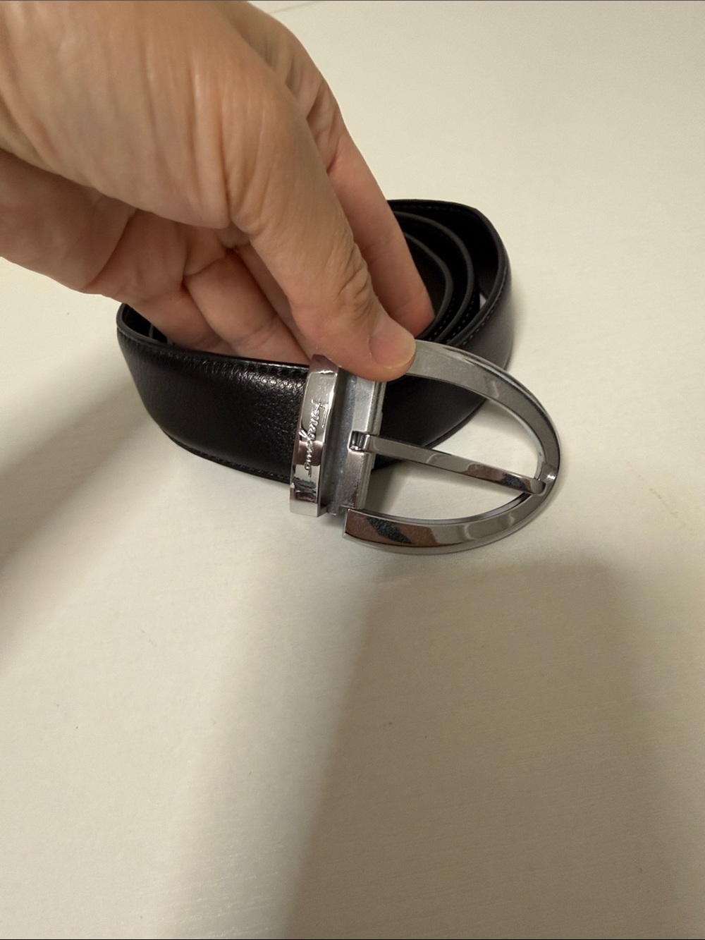 Salvatore Ferragamo Black Leather Belt with Silver Oval Buckle